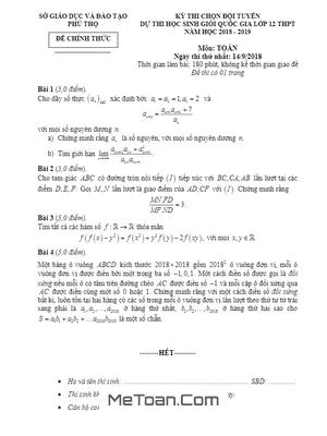 Đề thi chọn đội tuyển dự kỳ thi HSG Quốc gia Toán 12 năm 2018 - 2019 sở GD&ĐT Phú Thọ