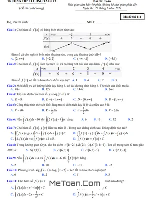 Đề thi thử Toán tốt nghiệp THPT 2021 lần 5 trường Lương Tài 2 – Bắc Ninh (có đáp án)