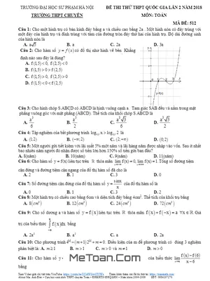 Đề thi thử Toán THPT Quốc gia 2018 trường THPT chuyên ĐH Sư Phạm Hà Nội lần 2 có đáp án