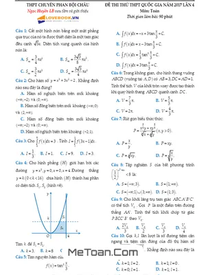 Đề thi thử THPT Quốc gia môn Toán năm 2017 trường THPT chuyên Phan Bội Châu – Nghệ An lần 4 có đáp án
