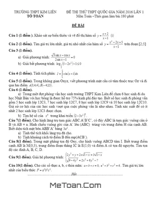 Đề thi thử THPT Quốc gia 2016 môn Toán trường THPT Kim Liên - Hà Nội lần 1