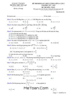 Đề thi KSCL Toán 10 lần 2 năm 2017 - 2018 trường THPT Yên Lạc - Vĩnh Phúc (có đáp án)