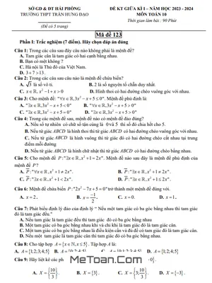 Đề thi giữa kỳ 1 Toán 10 năm 2023 - 2024 trường THPT Trần Hưng Đạo - Hải Phòng