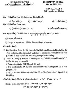 Đề kiểm tra học kỳ 1 Toán 8 năm 2022 - 2023 phòng GD&ĐT Tây Hồ - Hà Nội