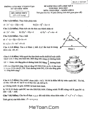 Đề thi giữa học kỳ 1 Toán lớp 8 năm 2022 - 2023 phòng GD&ĐT Hóc Môn - TP HCM