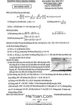 Đề thi học kì 1 Toán 9 năm 2023 - 2024 trường THCS Trưng Vương - Hà Nội