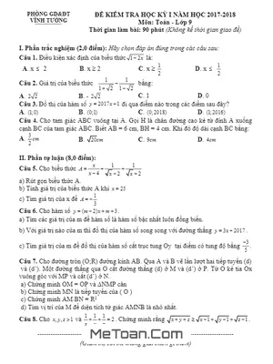 Đề kiểm tra học kỳ 1 Toán 9 năm 2017 - 2018 phòng GD&ĐT Vĩnh Tường - Vĩnh Phúc