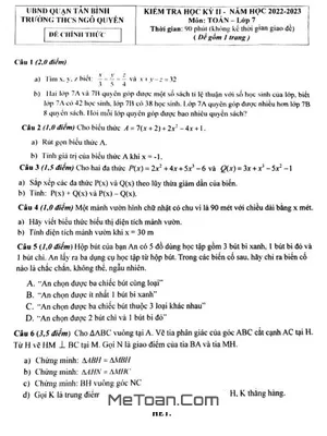 Đề Thi Học Kỳ 2 Toán 7 Năm 2022 - 2023 Trường THCS Ngô Quyền - TP.HCM