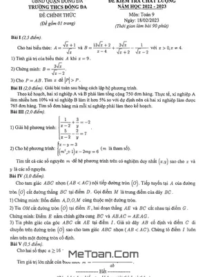 Đề kiểm tra chất lượng Toán 9 năm 2022 - 2023 trường THCS Đống Đa - Hà Nội