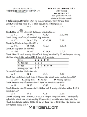 Đề Thi Học Kì 2 Toán 6 Năm 2022 - 2023 Trường THCS Nguyễn Chuyên Mỹ - Hải Phòng