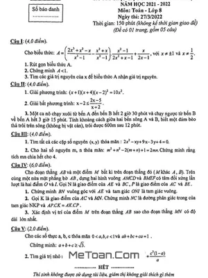 Đề thi học sinh giỏi huyện Toán 8 năm 2021 - 2022 phòng GD&ĐT Thọ Xuân - Thanh Hóa