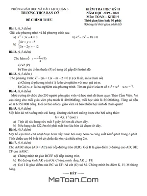 Đề thi học kì 2 Toán 9 năm 2019 - 2020 trường THCS Bàn Cờ - TP HCM (có đáp án)