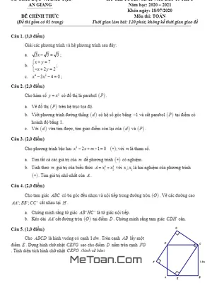 Đề thi tuyển sinh lớp 10 THPT môn Toán năm 2020 - 2021 Sở GD&ĐT An Giang