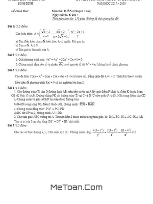 Đề thi tuyển sinh lớp 10 THPT chuyên Toán Bình Định năm 2017 - 2018 có lời giải