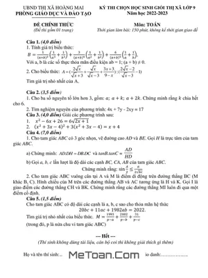 Đề thi học sinh giỏi Toán 9 năm 2022 - 2023 phòng GD&ĐT Hoàng Mai - Nghệ An