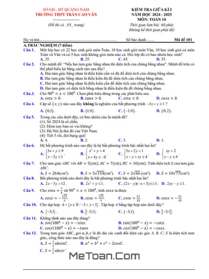Đề Thi Giữa Kì 1 Toán 10 Năm 2024 - 2025 Trường THPT Trần Cao Vân - Quảng Nam