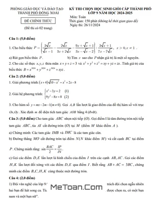 Đề thi chọn học sinh giỏi Toán 9 năm 2024 - 2025 phòng GD&ĐT Đồng Xoài - Bình Phước