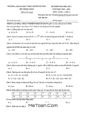 Đề thi học kỳ 1 môn Toán 6 năm học 2025 - 2026 trường Thực hành Sài Gòn - TP.HCM