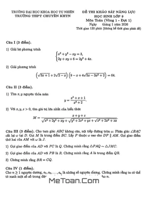 Đề Khảo Sát Toán 9 Vòng 1 Đợt 1 Năm Học 2025 – 2026 Trường Chuyên KHTN – Hà Nội