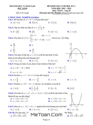 Đề kiểm tra cuối kỳ 1 Toán 10 năm 2022 – 2023 sở GD&ĐT Bắc Ninh