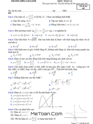 Đề thi HK1 Toán 12 năm học 2016 - 2017 trường THPT Vân Canh - Bình Định