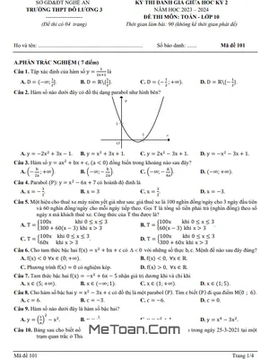 Đề Thi Giữa Kỳ 2 Toán 10 Năm 2023 - 2024 Trường THPT Đô Lương 3 - Nghệ An - Có Đáp Án