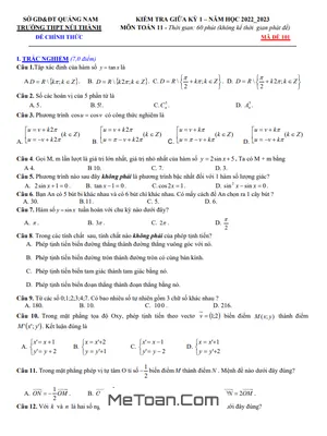 Đề thi giữa học kỳ 1 Toán 11 năm 2022 - 2023 trường THPT Núi Thành - Quảng Nam (Có đáp án)