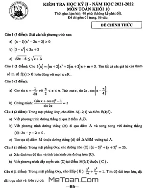 Đề thi học kì 2 Toán lớp 10 năm 2021 - 2022 trường THPT Nguyễn Hiền - TP.HCM