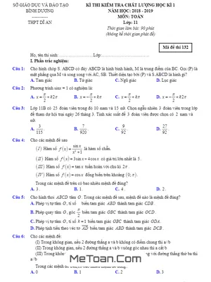Đề thi học kỳ 1 Toán 11 năm học 2018 - 2019 trường THPT Dĩ An - Bình Dương