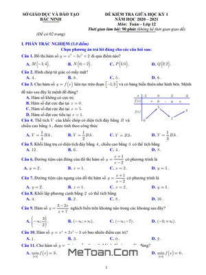 Đề kiểm tra giữa học kỳ 1 Toán 12 năm 2020 - 2021 sở GD&ĐT Bắc Ninh