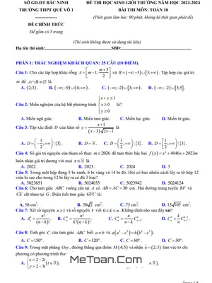 Đề thi học sinh giỏi Toán 10 năm 2023 - 2024 trường THPT Quế Võ 1 - Bắc Ninh