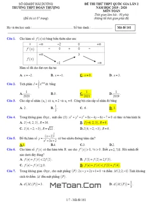 Đề thi thử THPT QG 2020 môn Toán lần 2 trường THPT Đoàn Thượng – Hải Dương