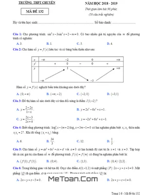 Đề thi thử Toán THPT Quốc gia 2019 trường THPT chuyên Thái Bình lần 2