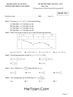 Đề Thi Thử Toán THPT Quốc Gia 2018 Trường Phổ Thông Năng Khiếu - TP. HCM Lần 1