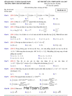 Đề thi thử THPT Quốc gia 2017 môn Toán trường THPT chuyên Biên Hòa – Hà Nam - Lần 3