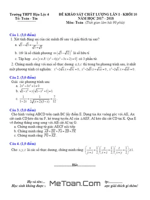 Đề khảo sát chất lượng Toán 10 lần 1 năm 2017 - 2018 trường THPT Hậu Lộc 4 - Thanh Hóa