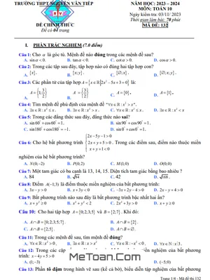 Đề Thi Giữa Kì 1 Toán 10 Năm 2023 - 2024 Trường THPT Nguyễn Văn Tiếp - Tiền Giang