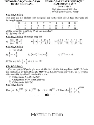Đề KSCL Toán 7 Đợt 2 Năm 2018 - 2019 Phòng GD&ĐT Kim Thành - Hải Dương