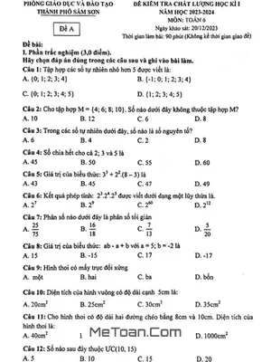 Đề thi học kì 1 Toán lớp 6 năm 2023 - 2024 phòng GD&ĐT Sầm Sơn - Thanh Hóa