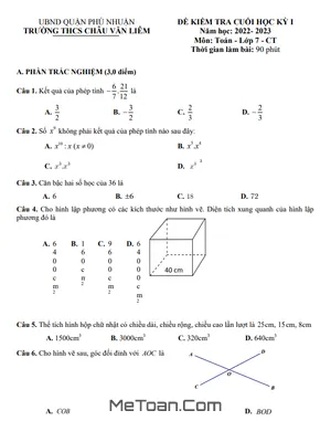 Đề Thi Cuối Kỳ 1 Toán 7 Năm 2022-2023 Trường THCS Châu Văn Liêm - TP.HCM