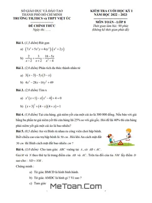 Đề Tham Khảo Học Kỳ 1 Toán 8 Năm 2022 - 2023 Trường Việt Úc - TP HCM