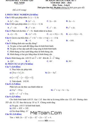 Đề thi giữa kì 1 Toán 8 năm 2021 - 2022 Sở GD&ĐT Bắc Ninh