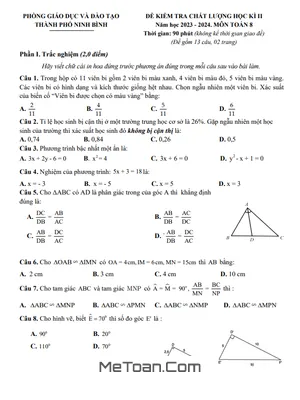 Đề thi học kì 2 Toán 8 năm 2023 - 2024 phòng GD&ĐT thành phố Ninh Bình