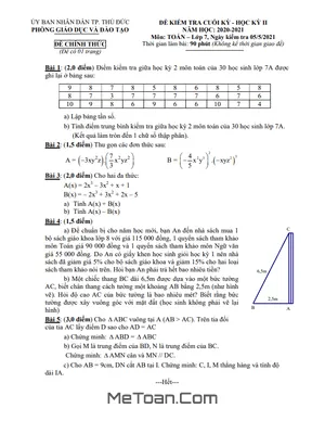 Đề thi cuối kỳ 2 Toán 7 năm 2020 - 2021 phòng GD&ĐT Thủ Đức - TP HCM