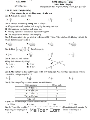 Đề thi học kì 2 Toán lớp 6 năm 2021 - 2022 sở GD&ĐT Bắc Ninh
