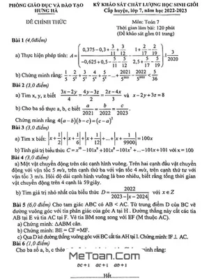 Đề thi học sinh giỏi Toán 7 năm 2022 - 2023 phòng GD&ĐT Hưng Hà, Thái Bình