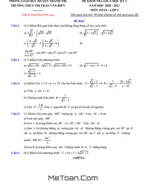 Đề thi giữa kì 1 Toán 9 năm 2020 – 2021 trường THCS thị trấn Văn Điển – Hà Nội