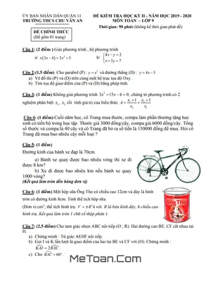 Đề thi HK2 Toán lớp 9 năm 2019 - 2020 trường THCS Chu Văn An - TP.HCM