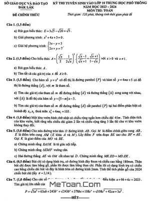 Đề thi tuyển sinh lớp 10 môn Toán năm 2023 - 2024 Sở GD&ĐT Đắk Lắk