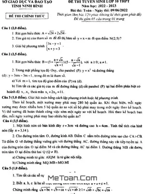 Đề thi tuyển sinh lớp 10 môn Toán năm 2022 - 2023 Sở GD&ĐT Ninh Bình